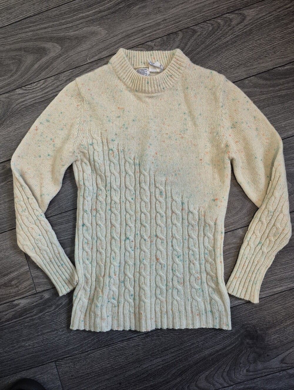 Vintage Hand Loomed Cable Knit Sweater Cream Confetti Speckle Wool Blend XS